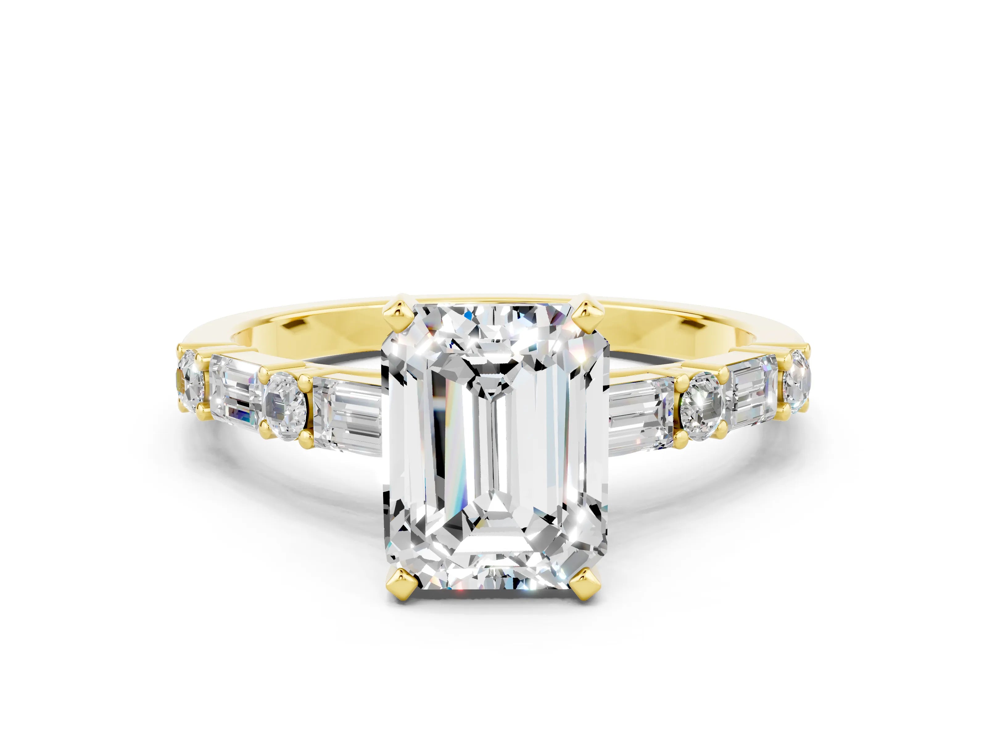 Yellow gold Emerald Cut Moissanite Solitaire with Side Baguettes and Channel Set Band