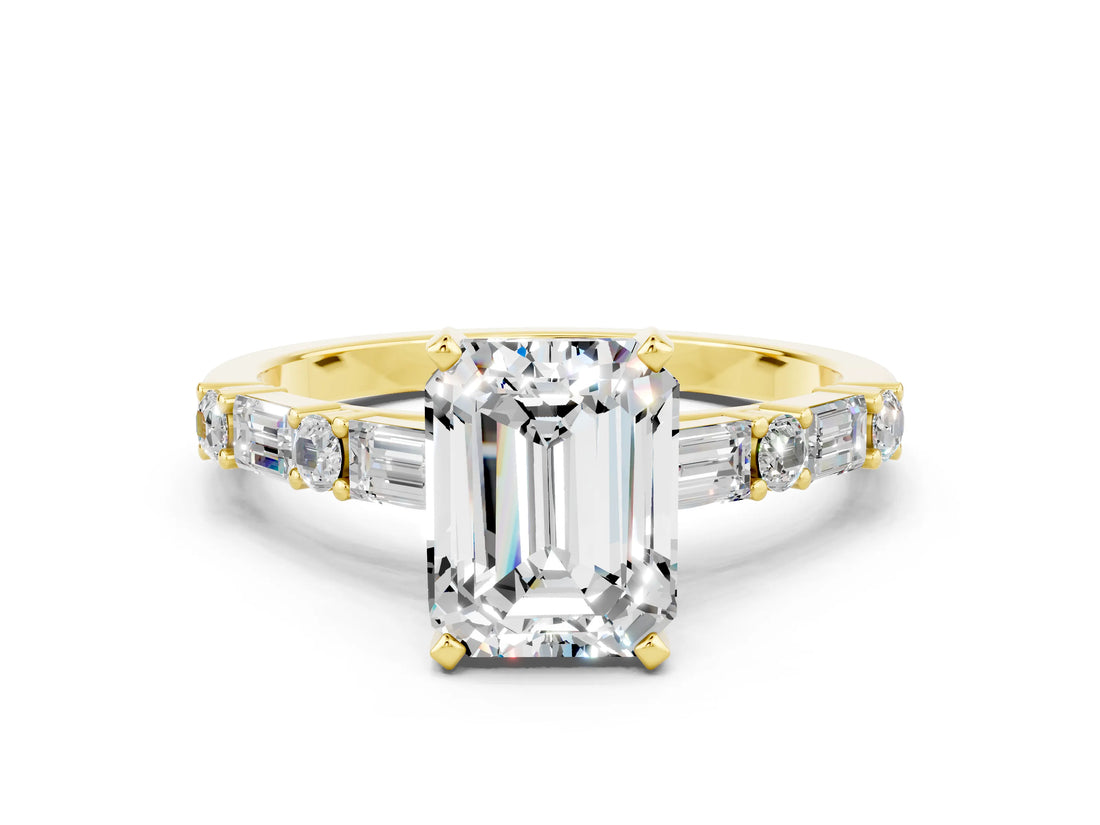 Yellow gold Emerald Cut Moissanite Solitaire with Side Baguettes and Channel Set Band