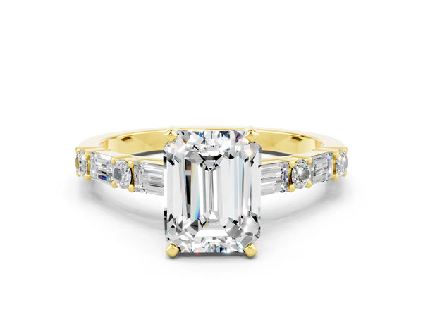 Yellow gold Emerald Cut Moissanite Solitaire with Side Baguettes and Channel Set Band