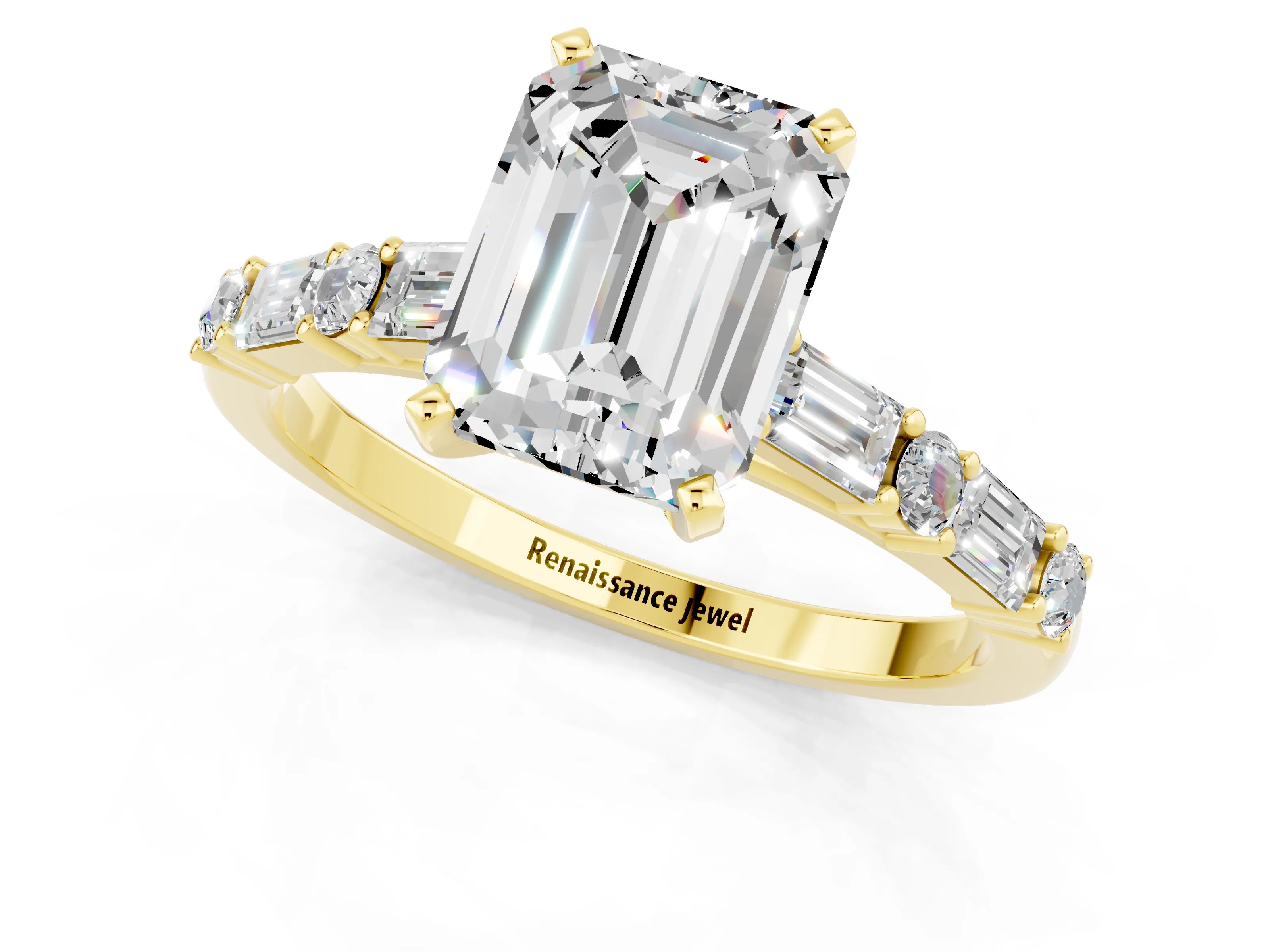 Yellow gold Emerald Cut Moissanite Solitaire with Side Baguettes and Channel Set Band_1