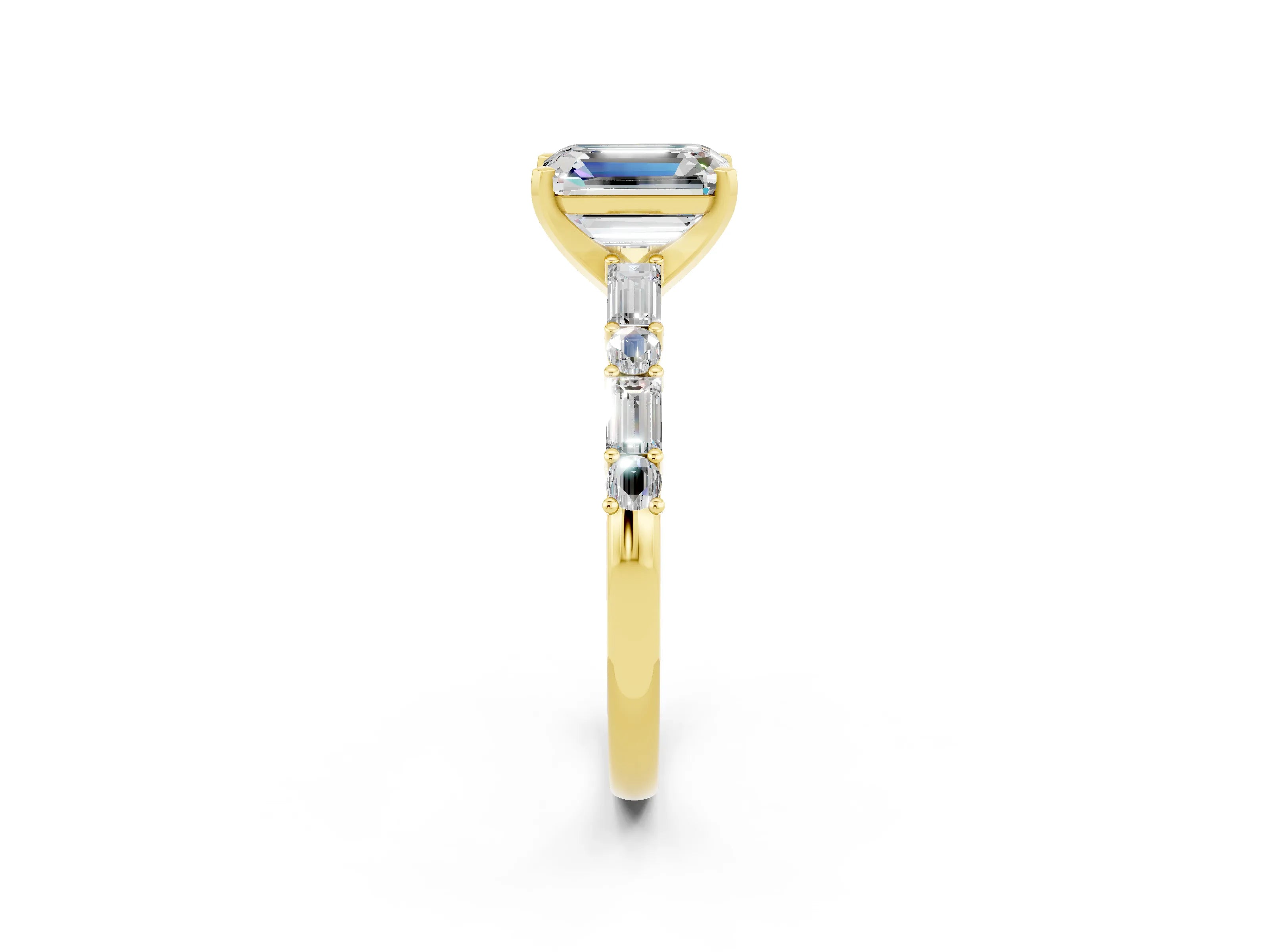 Yellow gold Emerald Cut Moissanite Solitaire with Side Baguettes and Channel Set Band_2