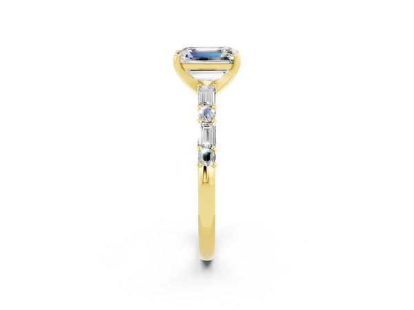 Yellow gold Emerald Cut Moissanite Solitaire with Side Baguettes and Channel Set Band