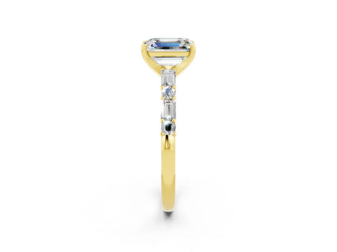 Yellow gold Emerald Cut Moissanite Solitaire with Side Baguettes and Channel Set Band_2