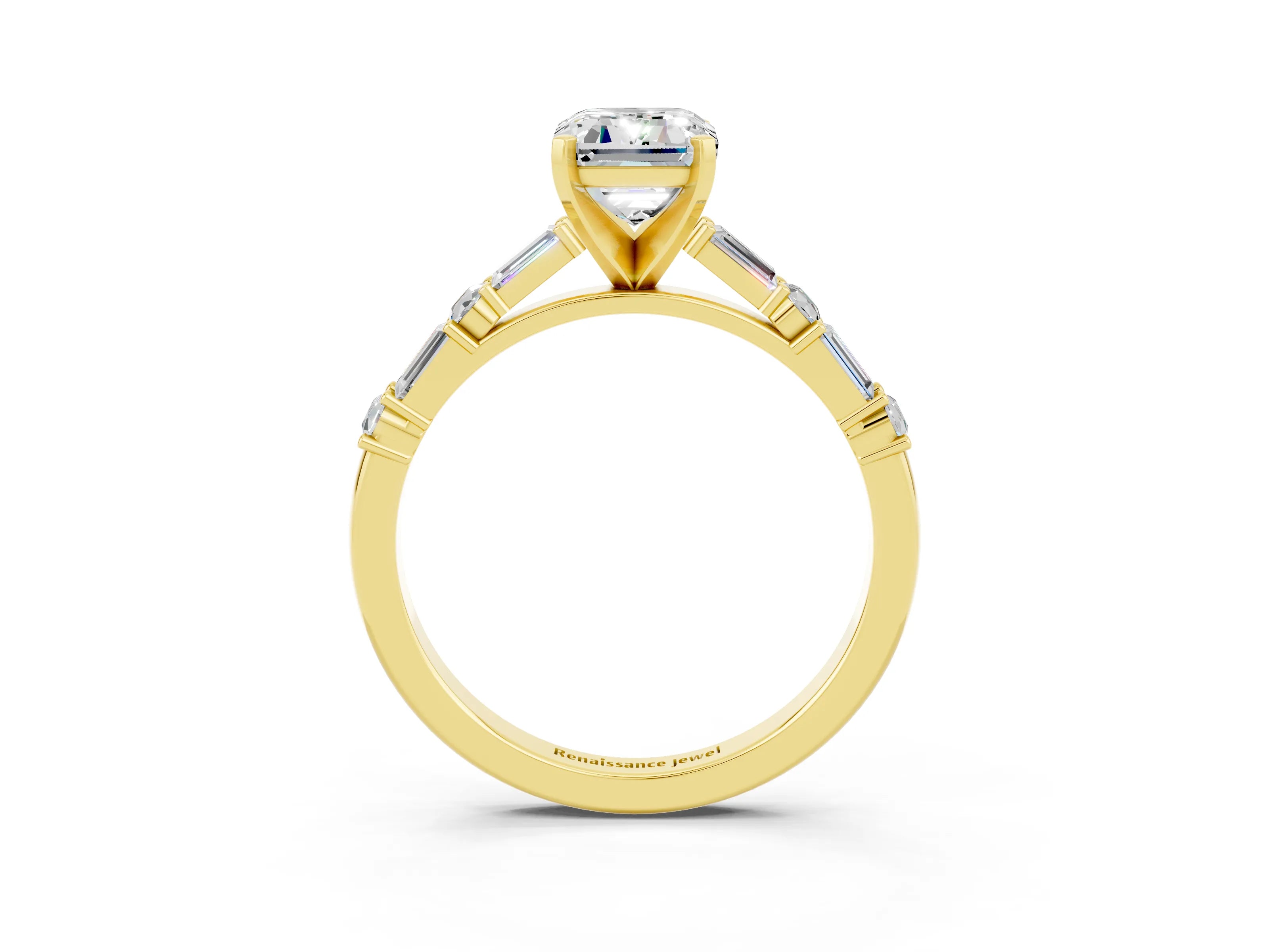 Yellow gold Emerald Cut Moissanite Solitaire with Side Baguettes and Channel Set Band_3