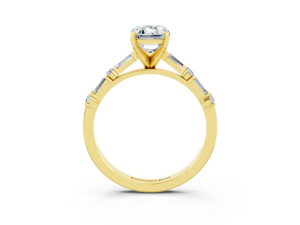 Yellow gold Emerald Cut Moissanite Solitaire with Side Baguettes and Channel Set Band