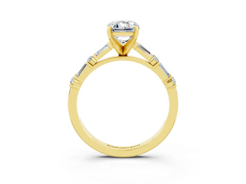 Yellow gold Emerald Cut Moissanite Solitaire with Side Baguettes and Channel Set Band_3