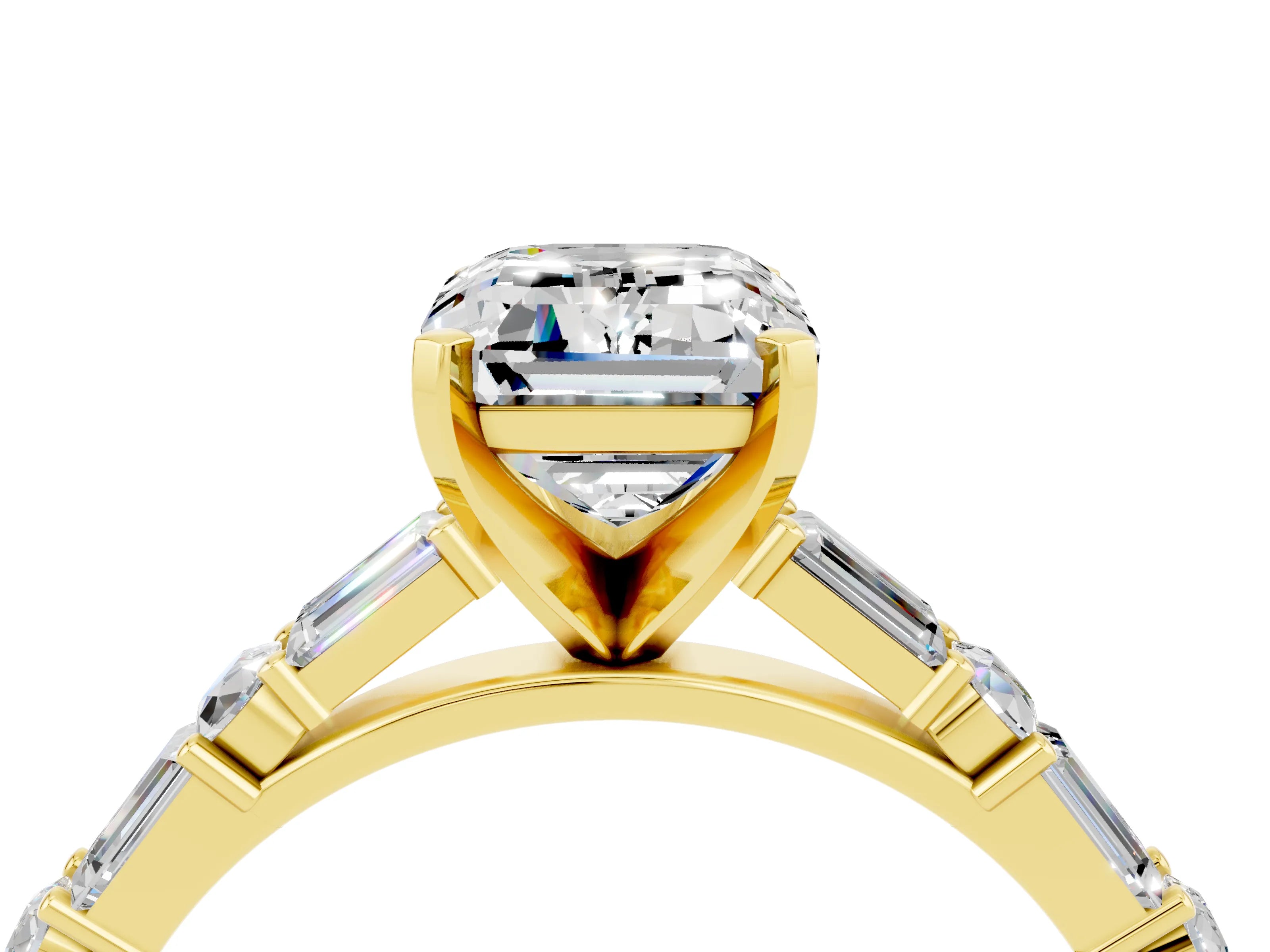 Yellow gold Emerald Cut Moissanite Solitaire with Side Baguettes and Channel Set Band_4