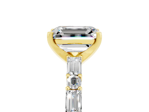 Yellow gold Emerald Cut Moissanite Solitaire with Side Baguettes and Channel Set Band_5