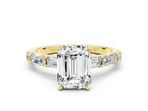 Yellow gold Emerald Cut Moissanite Solitaire with Side Baguettes and Channel Set Band