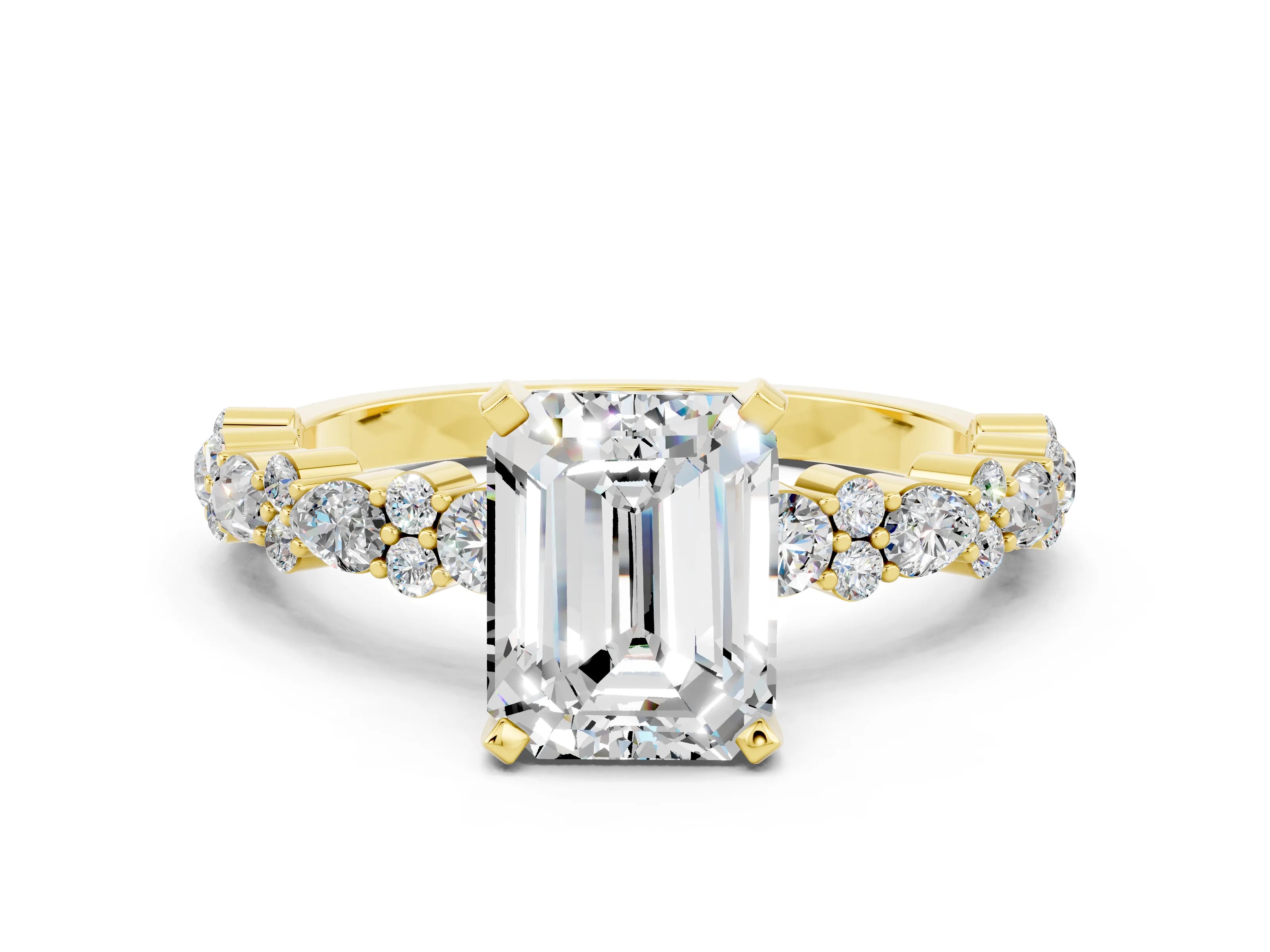 Yellow gold Emerald Cut Moissanite Solitaire with Side Stones, Pave Band, Four-Prong Setting_48