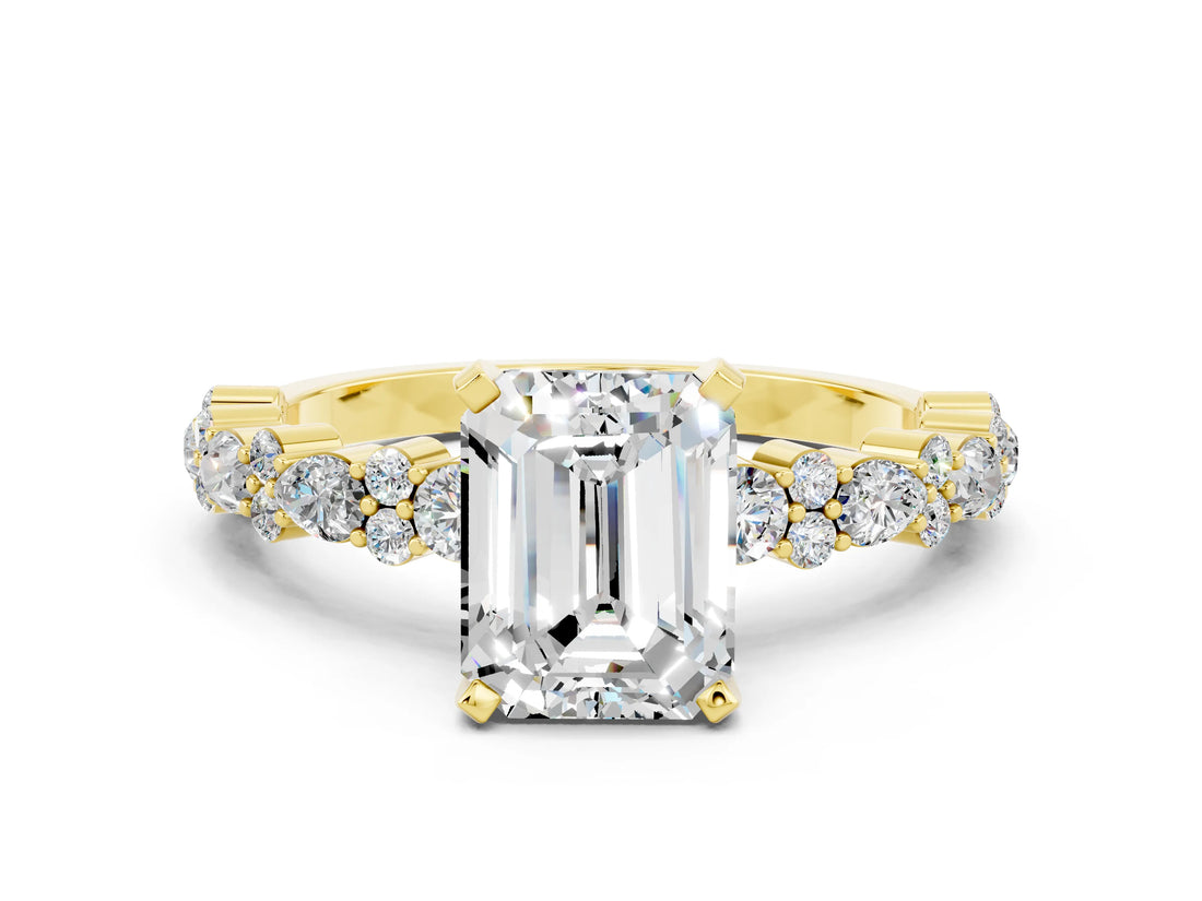 Yellow gold Emerald Cut Moissanite Solitaire with Side Stones, Pave Band, Four-Prong Setting_48