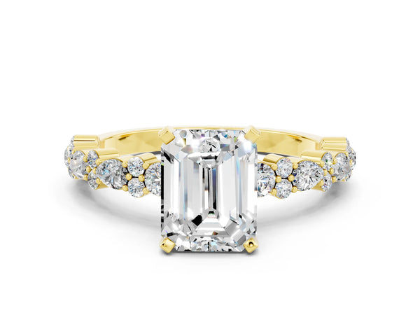 Yellow gold Emerald Cut Moissanite Side Stone Solitaire Ring with Round  and Four-Prong Setting
