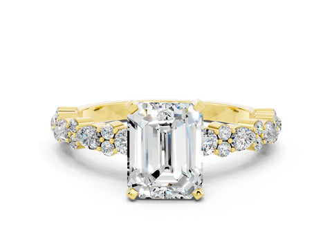 Yellow gold Emerald Cut Moissanite Solitaire with Side Stones, Pave Band, Four-Prong Setting_48