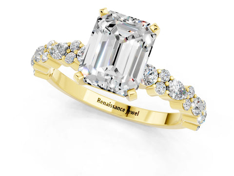 Yellow gold Emerald Cut Moissanite Solitaire with Side Stones, Pave Band, Four-Prong Setting_49