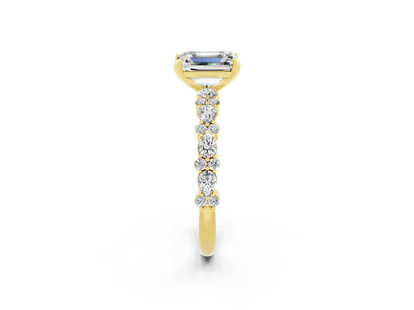 Yellow gold Emerald Cut Moissanite Side Stone Solitaire Ring with Round  and Four-Prong Setting