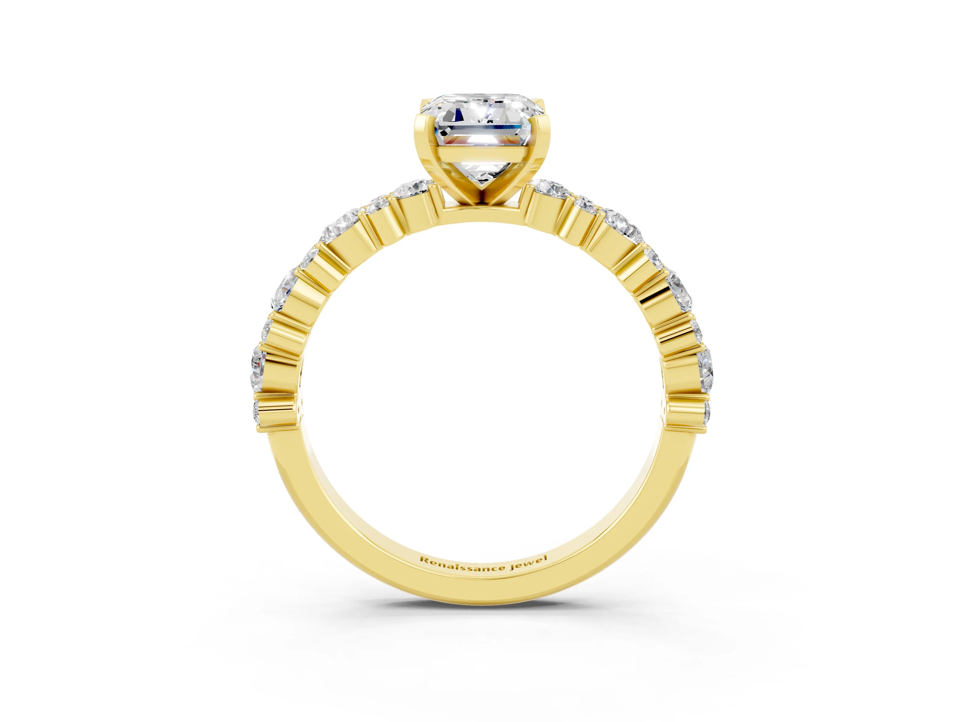 Yellow gold Emerald Cut Moissanite Solitaire with Side Stones, Pave Band, Four-Prong Setting_51