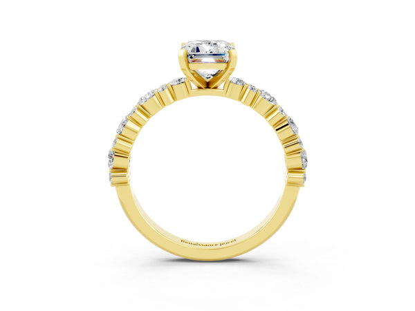 Yellow gold Emerald Cut Moissanite Side Stone Solitaire Ring with Round  and Four-Prong Setting