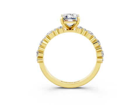 Yellow gold Emerald Cut Moissanite Solitaire with Side Stones, Pave Band, Four-Prong Setting_51