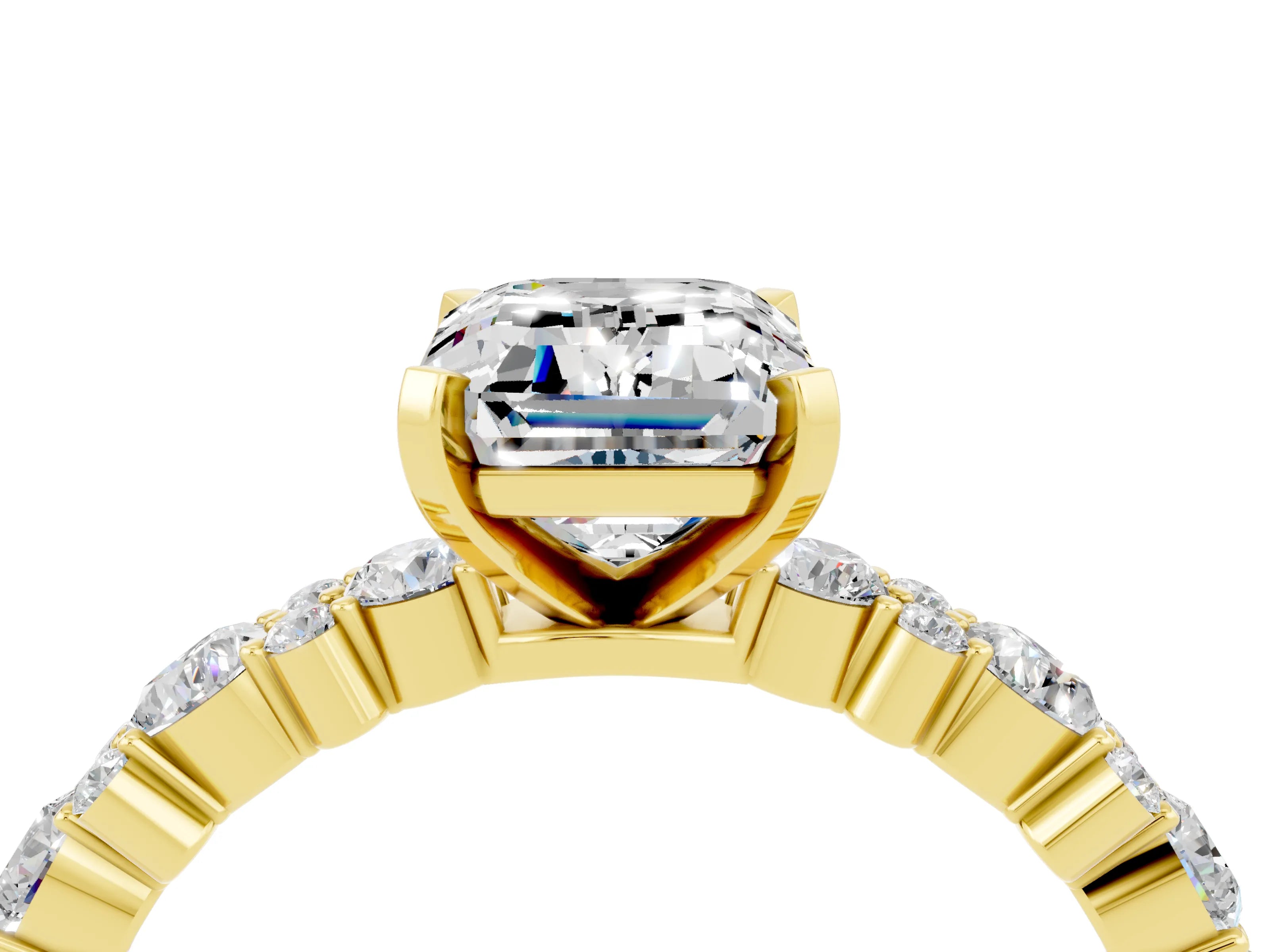 Yellow gold Emerald Cut Moissanite Solitaire with Side Stones, Pave Band, Four-Prong Setting_52