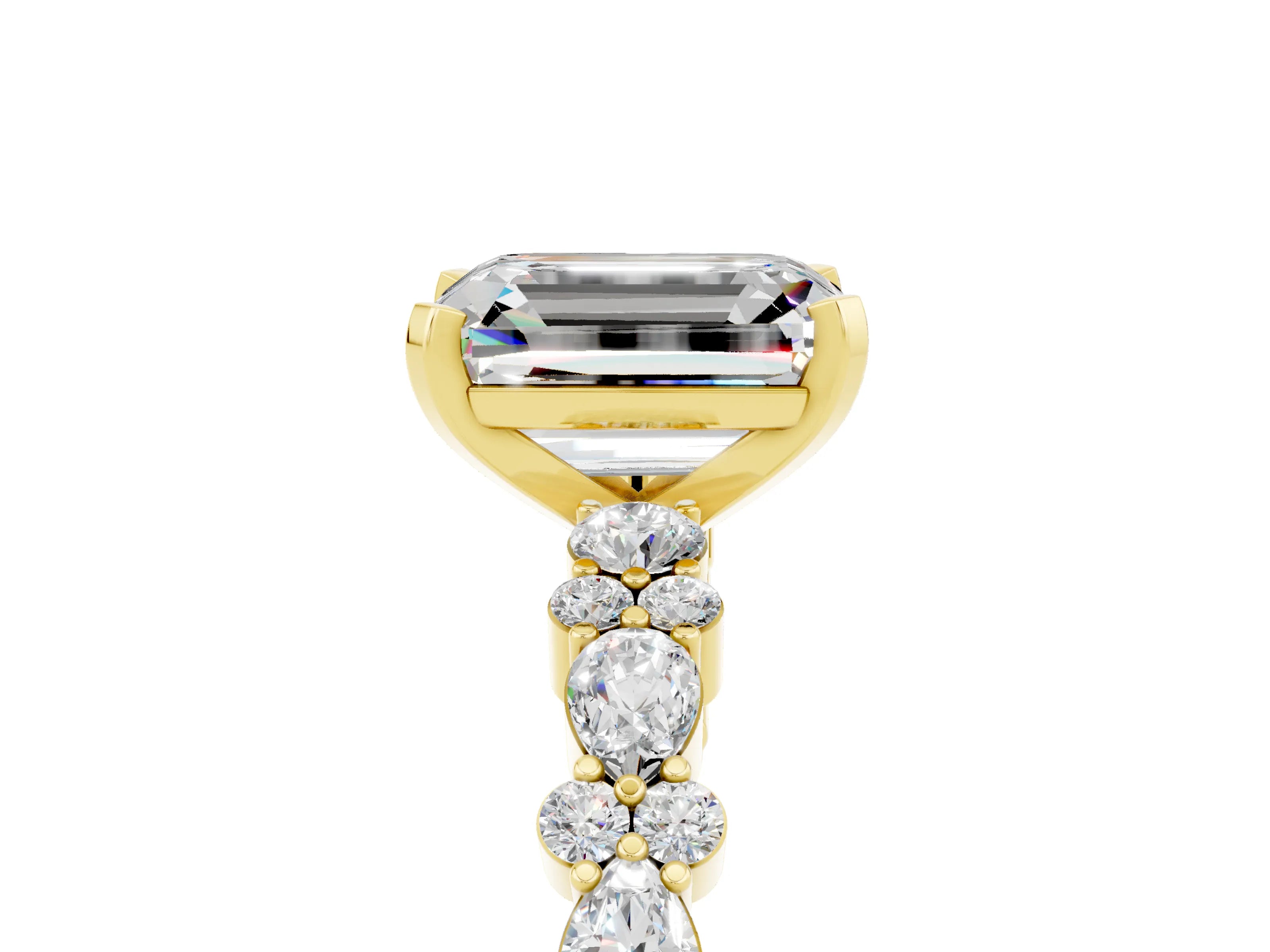 Yellow gold Emerald Cut Moissanite Solitaire with Side Stones, Pave Band, Four-Prong Setting_53