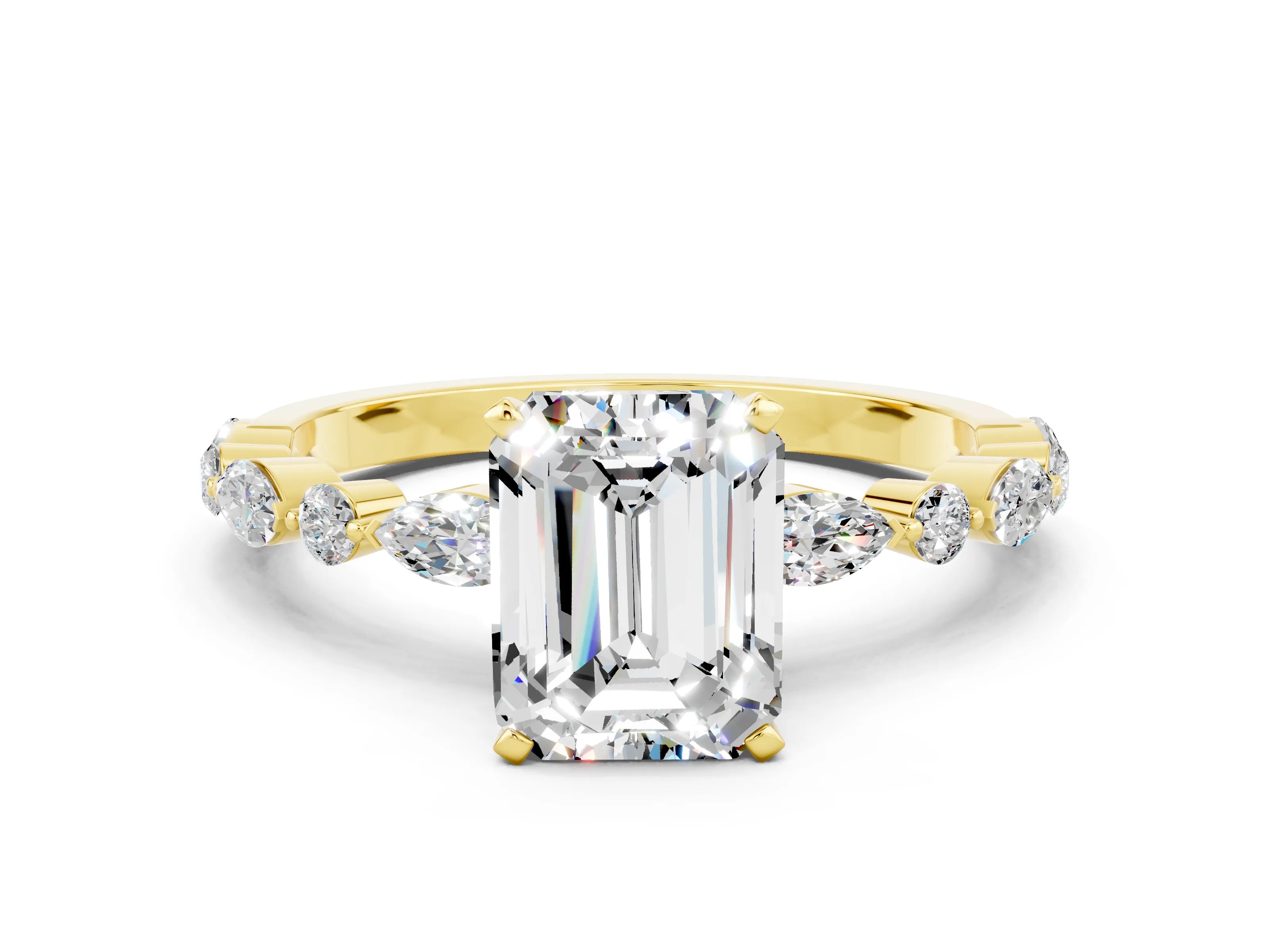 Yellow gold Emerald Cut Moissanite Solitaire with Side Stones on a Pavé Band and Four-Prong Setting