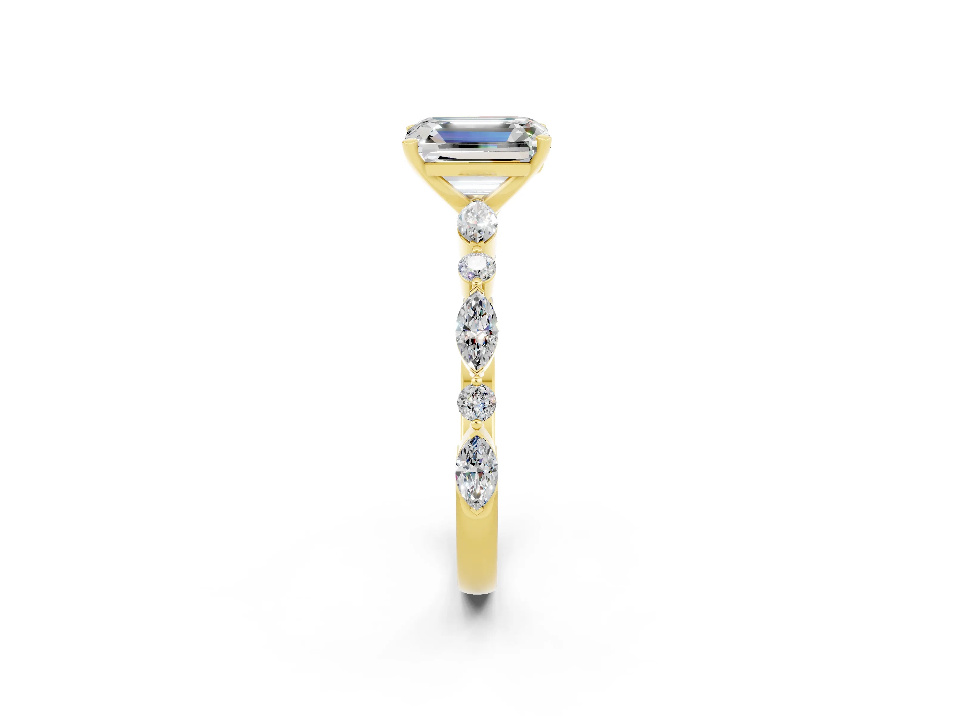 Yellow gold Emerald Cut Moissanite Solitaire with Side Stones on a Pavé Band and Four-Prong Setting_2