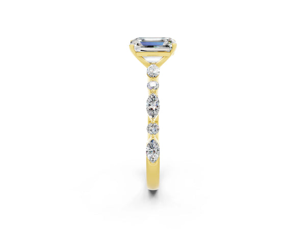 Yellow gold Emerald Cut Moissanite Ring with Marquise and Round  Side Stones and Four-Prong Setting