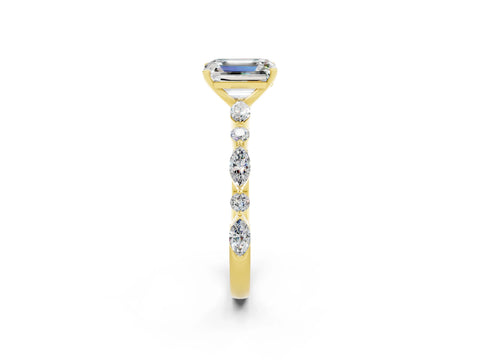 Yellow gold Emerald Cut Moissanite Solitaire with Side Stones on a Pavé Band and Four-Prong Setting_2