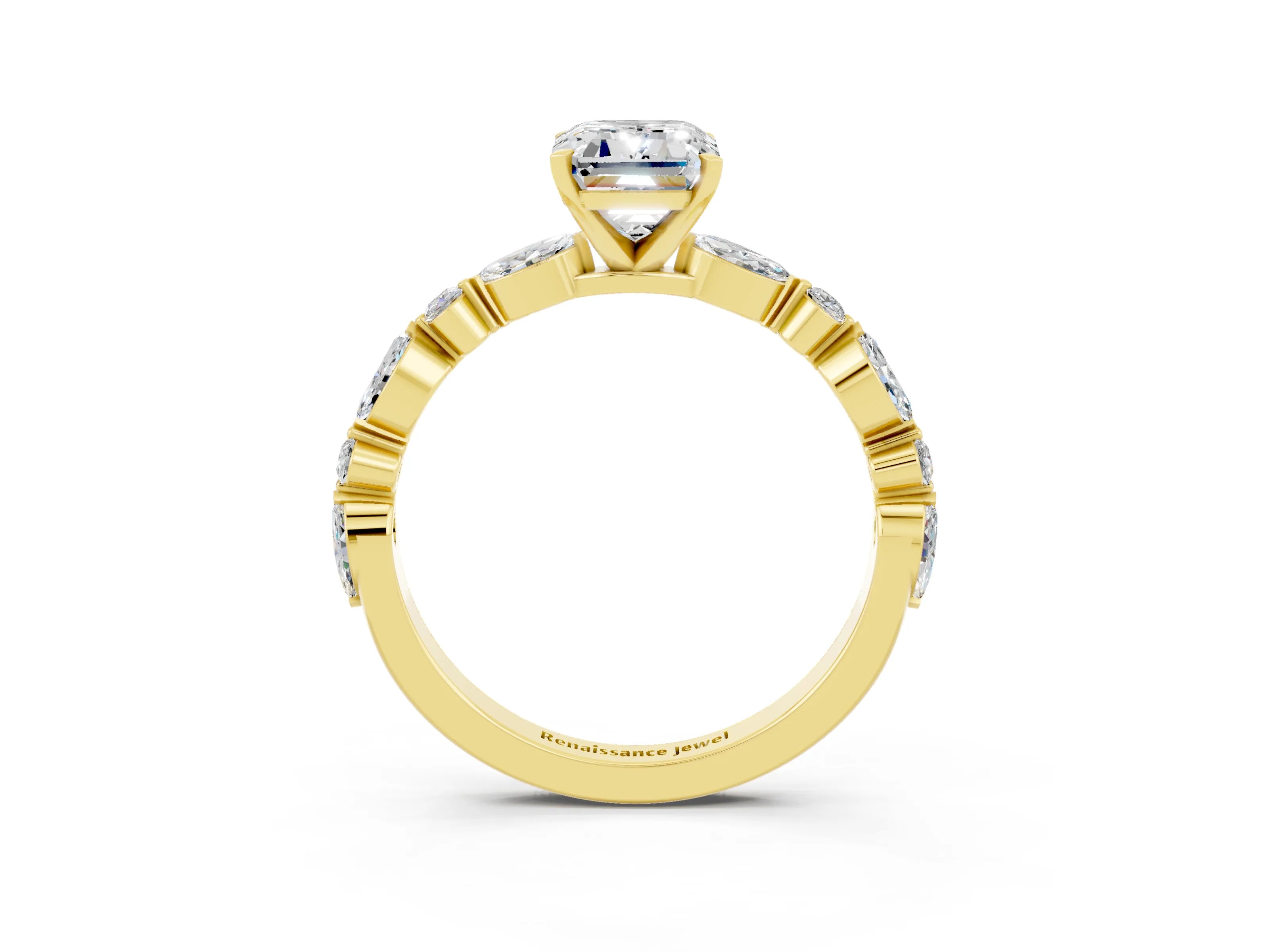 Yellow gold Emerald Cut Moissanite Solitaire with Side Stones on a Pavé Band and Four-Prong Setting_3