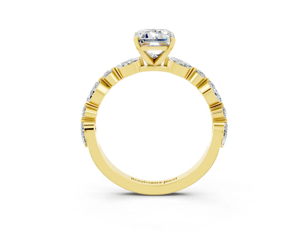 Yellow gold Emerald Cut Moissanite Ring with Marquise and Round  Side Stones and Four-Prong Setting