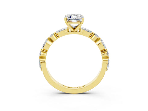 Yellow gold Emerald Cut Moissanite Solitaire with Side Stones on a Pavé Band and Four-Prong Setting_3