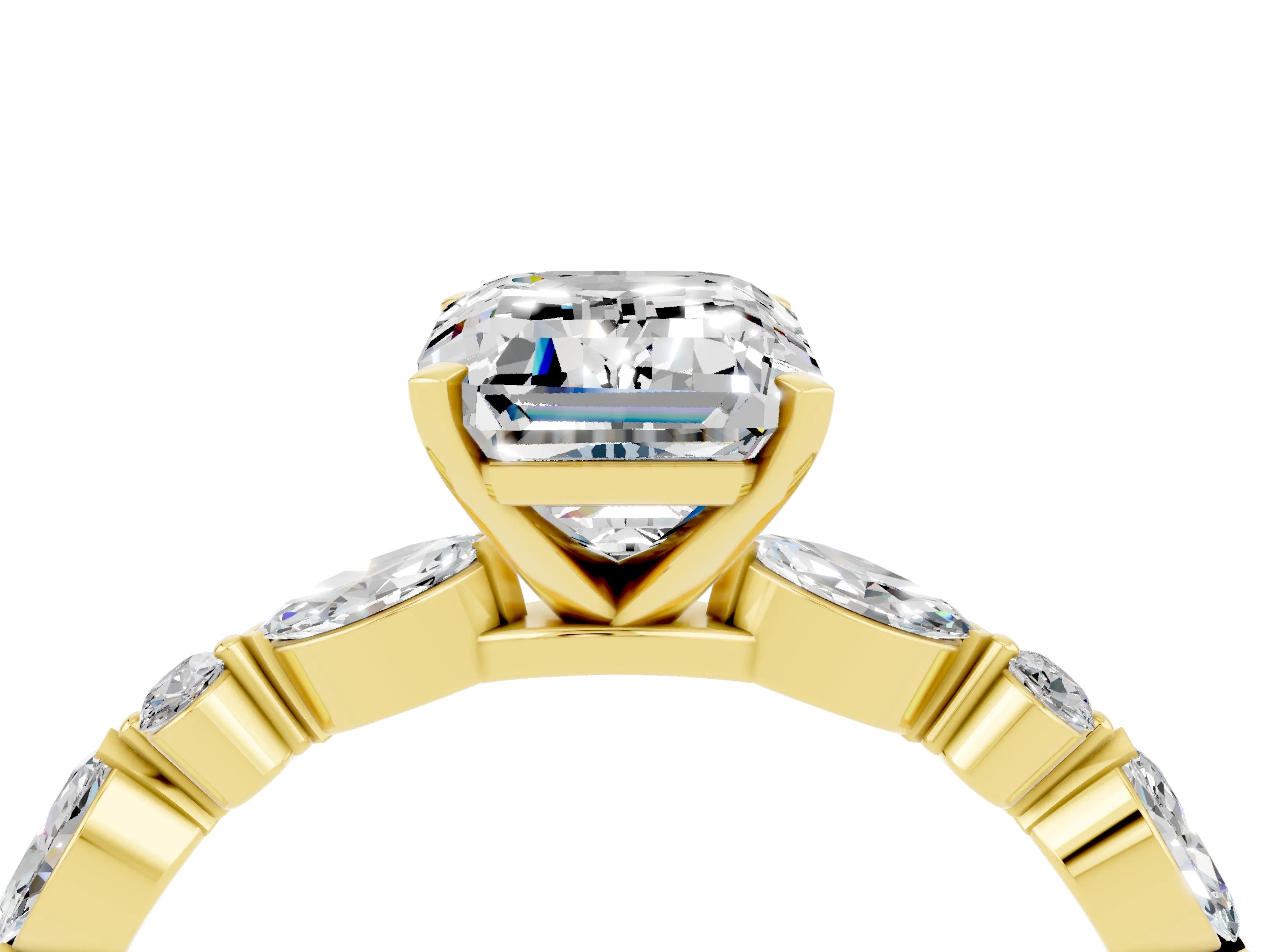 Yellow gold Emerald Cut Moissanite Solitaire with Side Stones on a Pavé Band and Four-Prong Setting_4