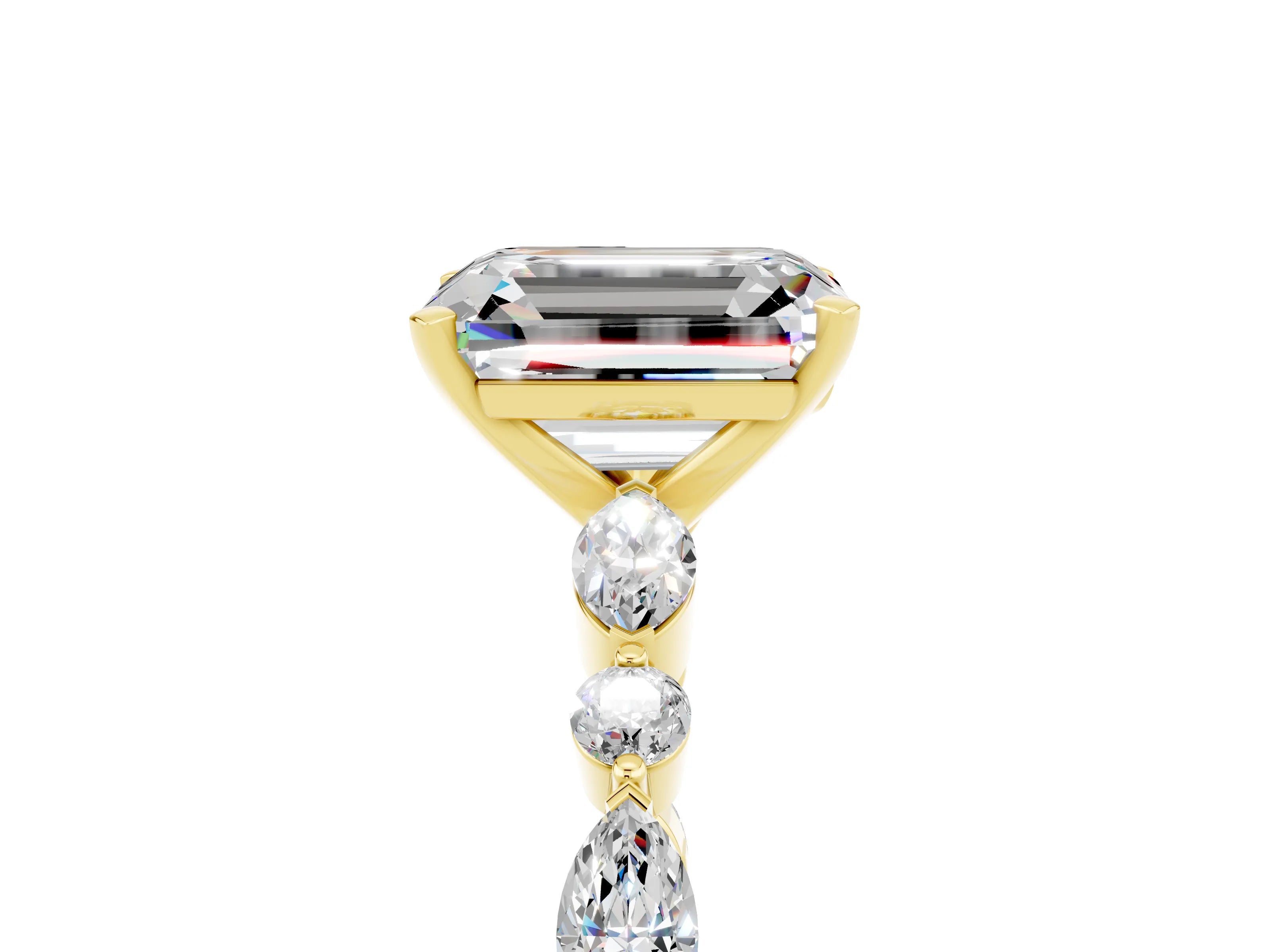 Yellow gold Emerald Cut Moissanite Solitaire with Side Stones on a Pavé Band and Four-Prong Setting_5
