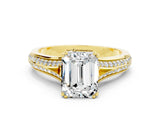 Yellow gold Emerald Cut Moissanite Split Shank Engagement Ring with Pavé Band