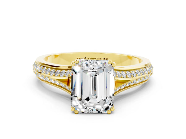 Yellow gold Emerald Cut Moissanite Split Shank Engagement Ring with Pavé Band