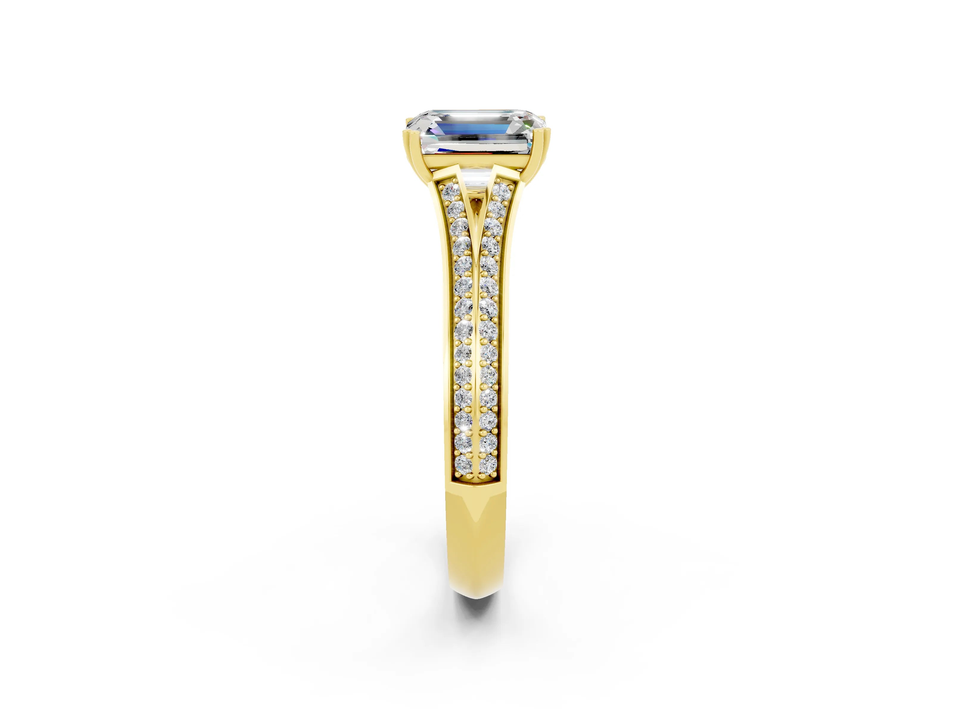 Yellow gold Emerald Cut Moissanite Split Shank Engagement Ring with Pavé Band_2
