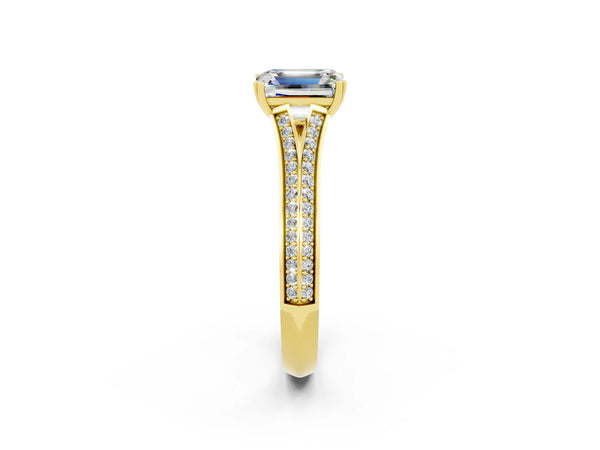 Yellow gold Emerald Cut Moissanite Split Shank Engagement Ring with Pavé Band