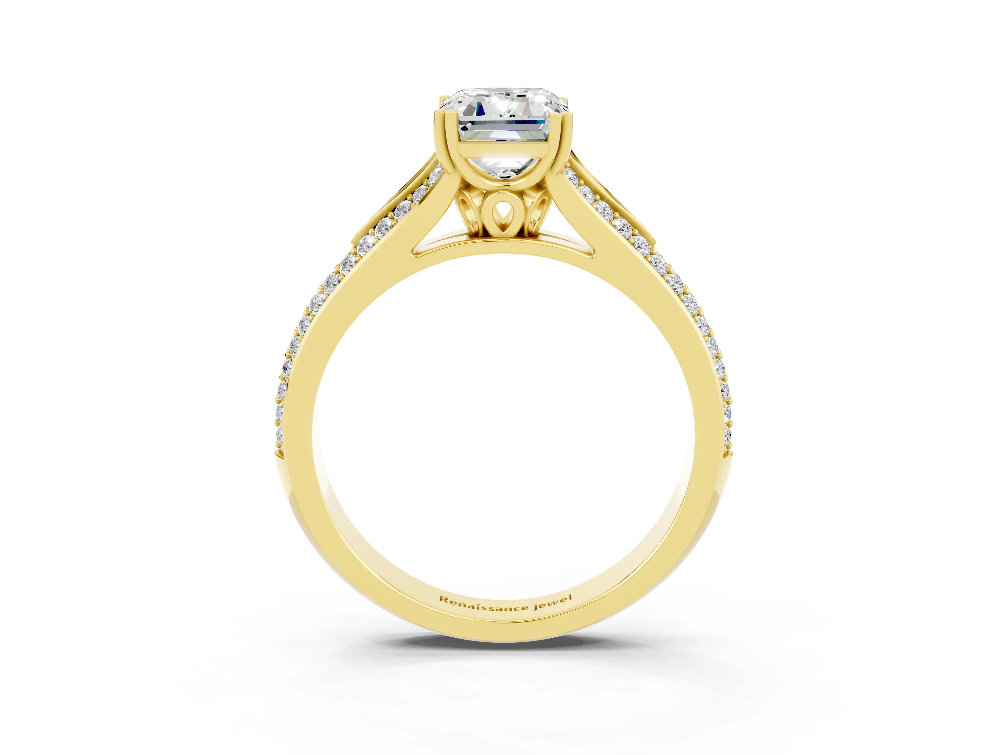 Yellow gold Emerald Cut Moissanite Split Shank Engagement Ring with Pavé Band_3