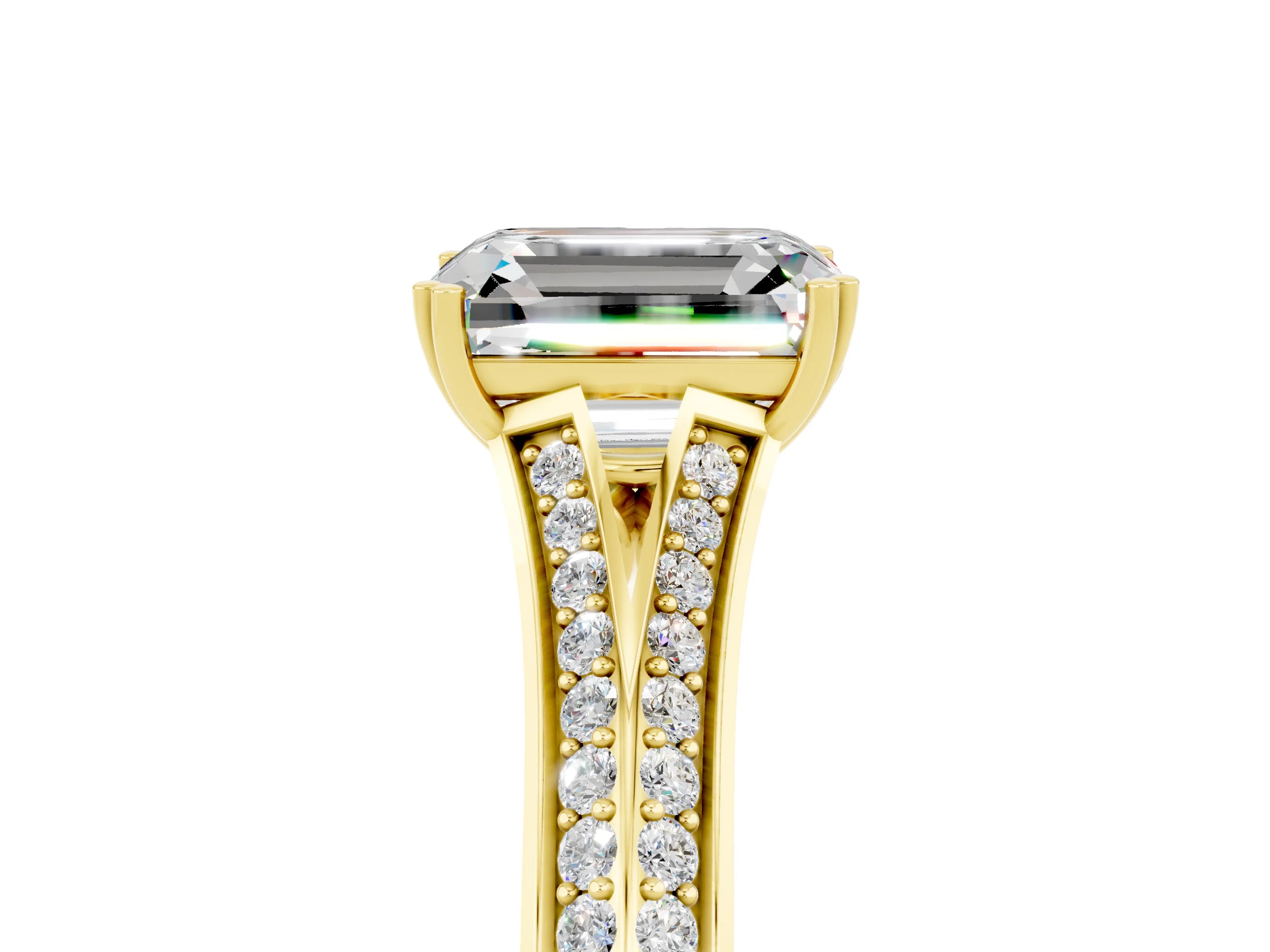 Yellow gold Emerald Cut Moissanite Split Shank Engagement Ring with Pavé Band_5