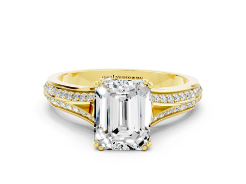 Yellow gold Emerald Cut Moissanite Split Shank Engagement Ring with Pavé Band