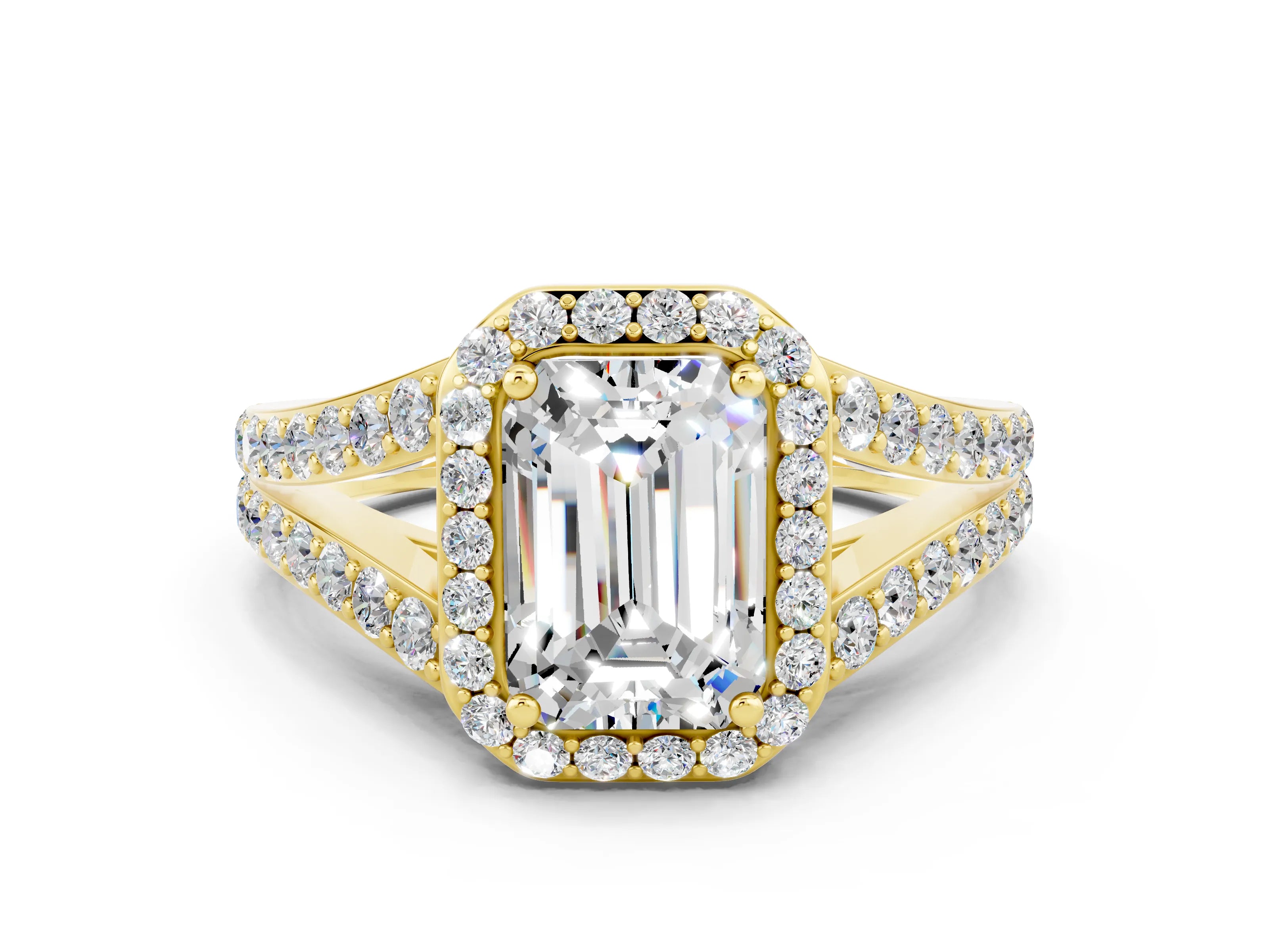 Yellow gold Emerald Cut Moissanite Split Shank Halo Ring with Four-Prong Setting_12