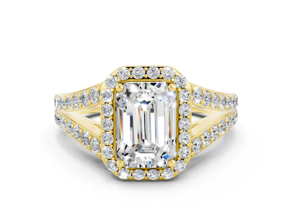 Yellow gold Emerald Cut Moissanite Split Shank Halo Ring with Four-Prong Setting