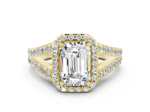 Yellow gold Emerald Cut Moissanite Split Shank Halo Ring with Four-Prong Setting_12