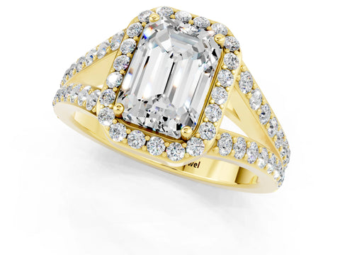 Yellow gold Emerald Cut Moissanite Split Shank Halo Ring with Four-Prong Setting_13