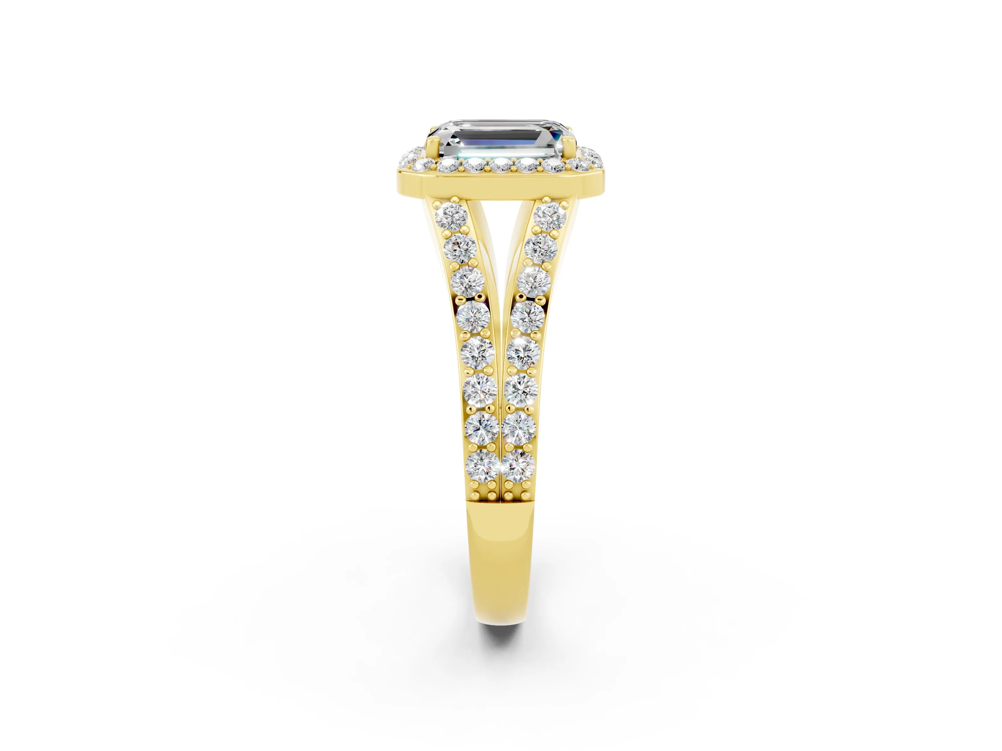 Yellow gold Emerald Cut Moissanite Split Shank Halo Ring with Four-Prong Setting_14