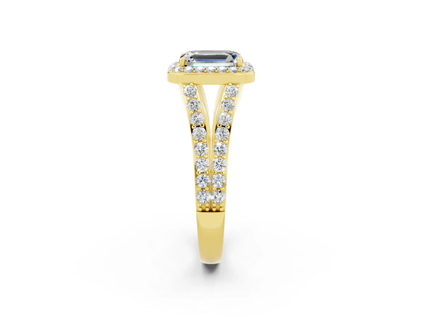 Yellow gold Emerald Cut Moissanite Split Shank Halo Ring with Four-Prong Setting
