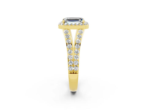 Yellow gold Emerald Cut Moissanite Split Shank Halo Ring with Four-Prong Setting_14