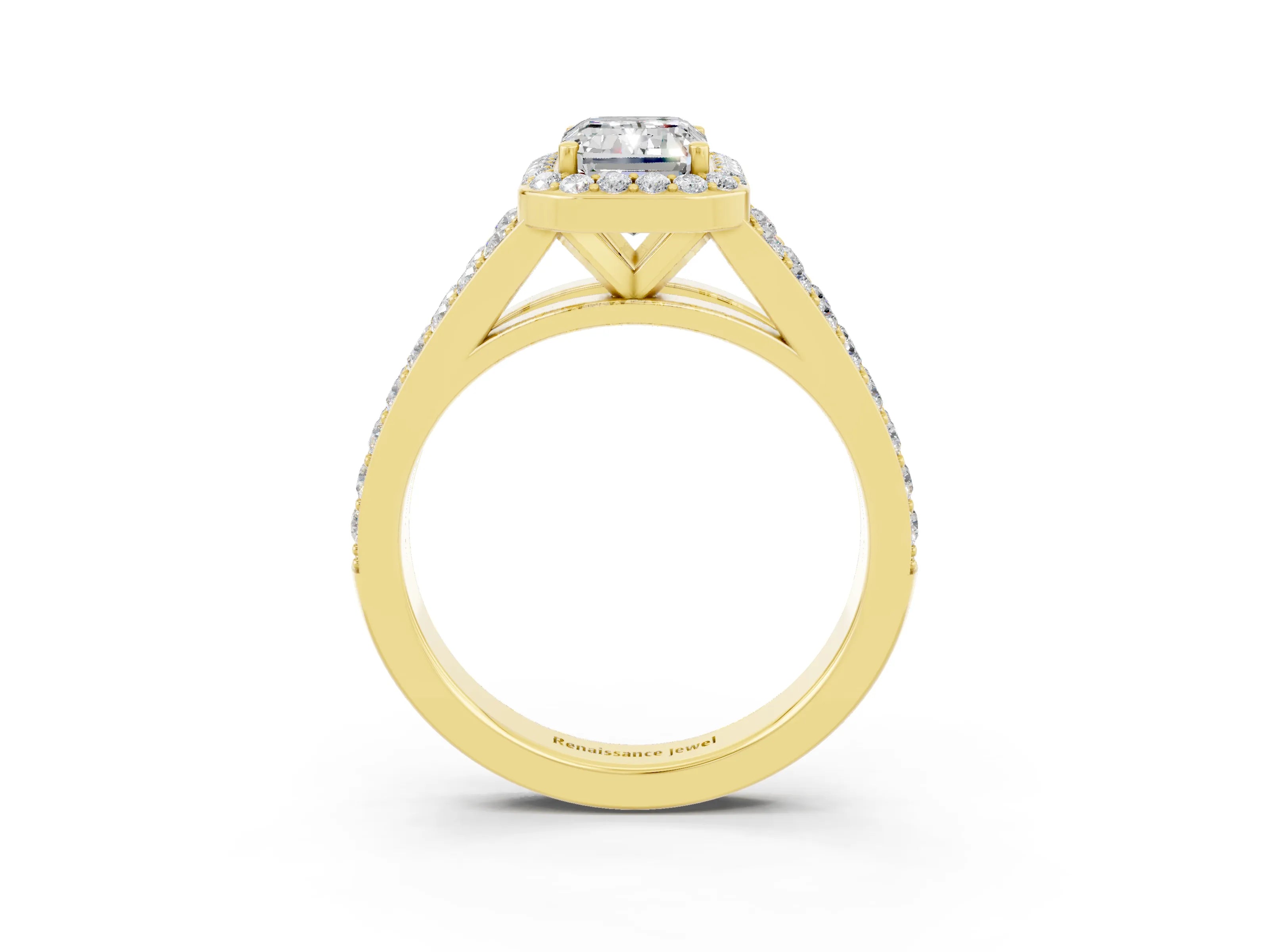 Yellow gold Emerald Cut Moissanite Split Shank Halo Ring with Four-Prong Setting_15