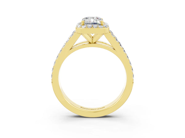 Yellow gold Emerald Cut Moissanite Split Shank Halo Ring with Four-Prong Setting