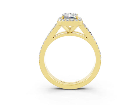 Yellow gold Emerald Cut Moissanite Split Shank Halo Ring with Four-Prong Setting_15